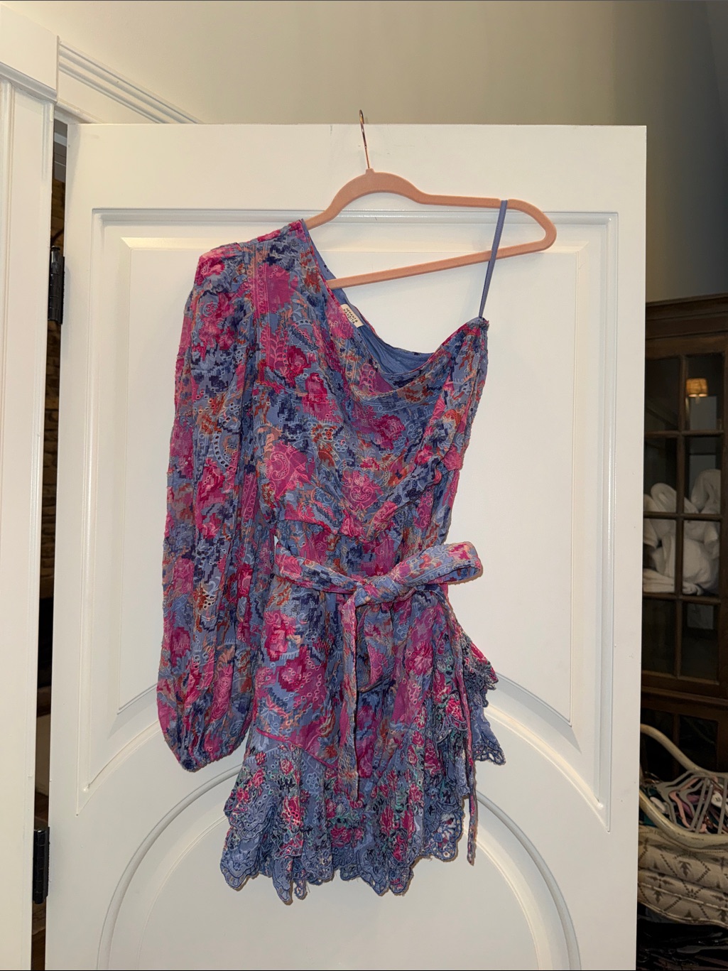Hemant & Nandita One-Shoulder Floral Mini Dress In Blue And Pink